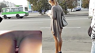 Beautiful upskirt playgirl on a bus stop